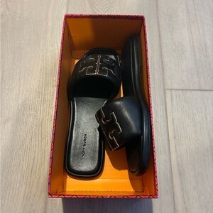 TORY BURCH DOUBLE-T LEATHER SPORT SLIDE SANDAL